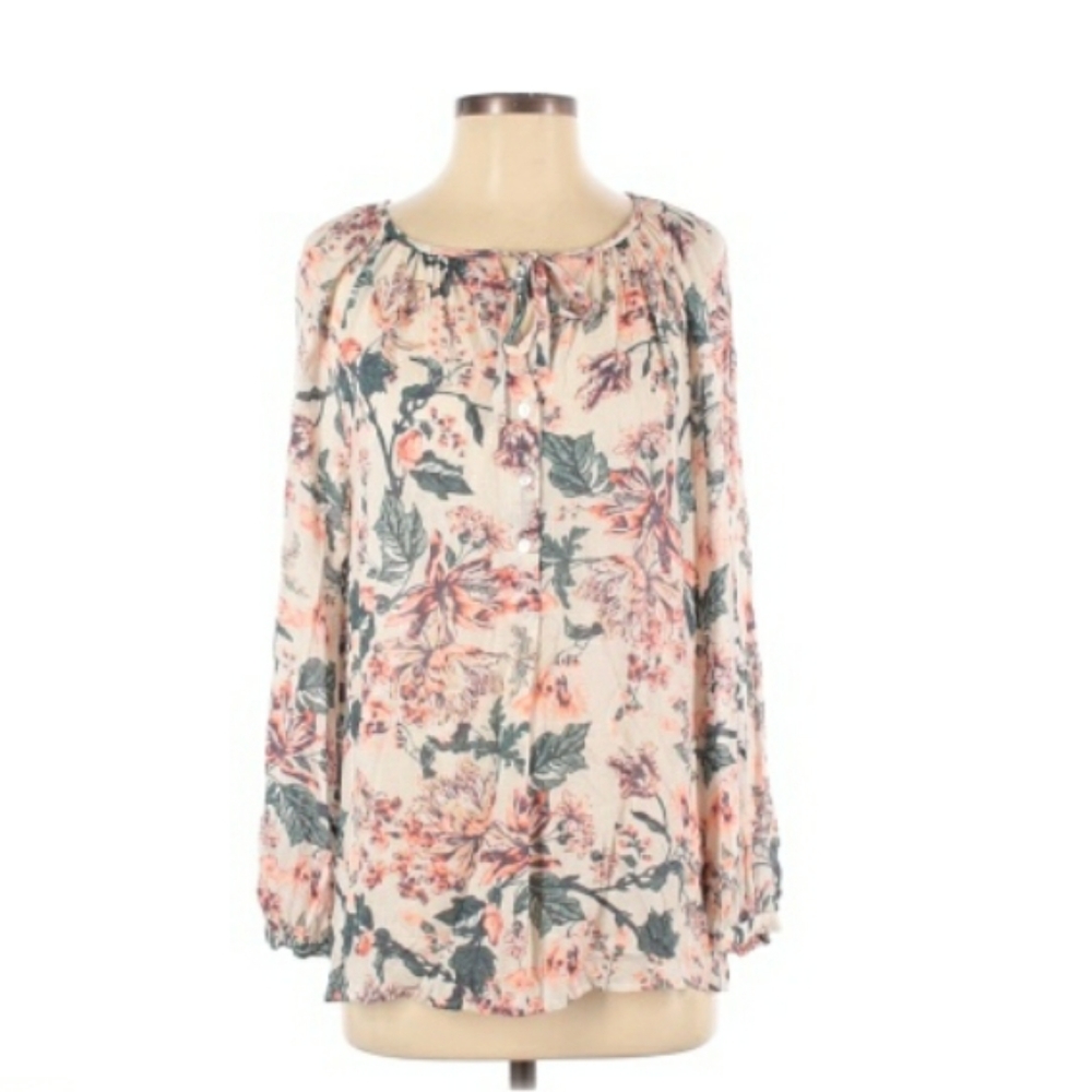 Lucky Brand Ivory Floral Boho Tie Neck Blo…